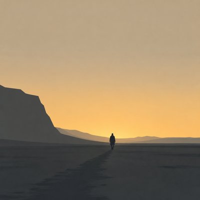 a solitary figure walking toward a glowing horizon across an empty plain, moody atmosphere, no text or lettering