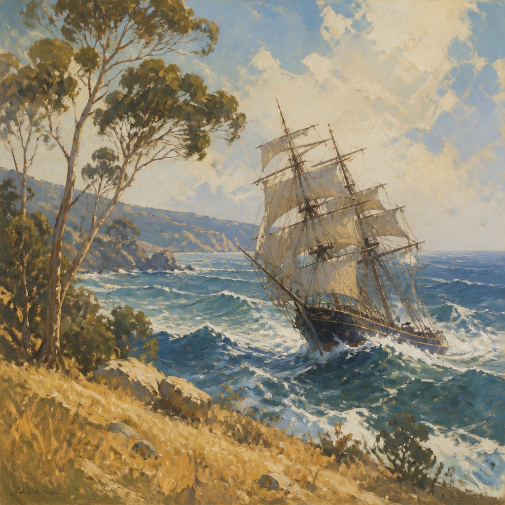 sailing ship on a stormy sea — Heidelberg School Art Style