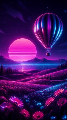 a hot air balloon drifting over rolling flower fields on a sunny day, cheerful, no text