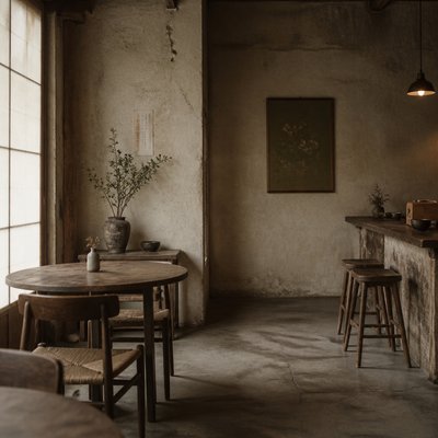 cozy cafe interior with warm lighting