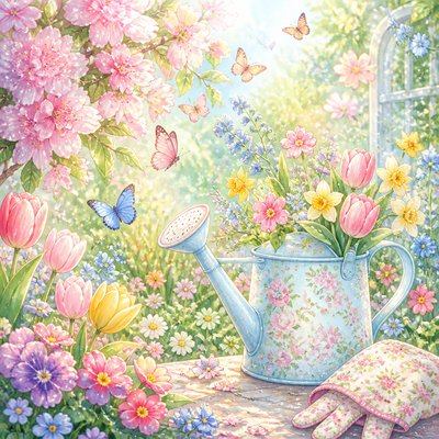 a garden scene with butterflies, flowers and a watering can, clean uncolored line art, no text
