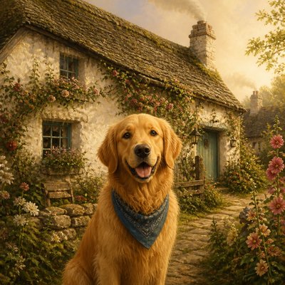 portrait of a golden retriever wearing a blue bandana, warm plain backdrop, no text