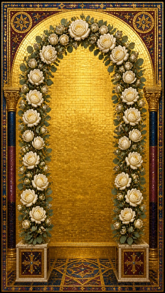 an arch of white roses and eucalyptus in soft morning light, elegant vertical composition with open space, no text