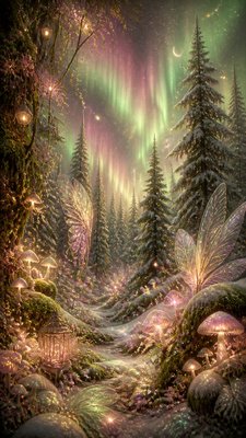 a snowy pine forest under the northern lights, no people