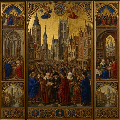urban street with city activity — Ghent Art Style