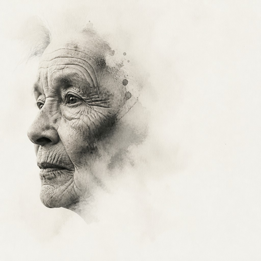 close-up portrait of an elderly person with expressive weathered features — Negative Space Art Style