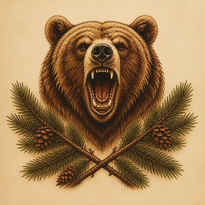 a roaring bear head above crossed pine branches, bold graphic composition on a plain background, no text