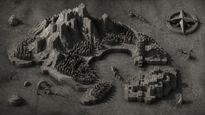 a map of an island realm with mountains, forests, a sheltered bay, sea monsters in the water and a compass rose, no text labels