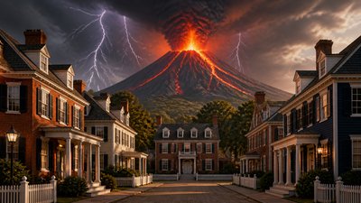an erupting volcano with lightning strikes, dramatic wide composition, no text