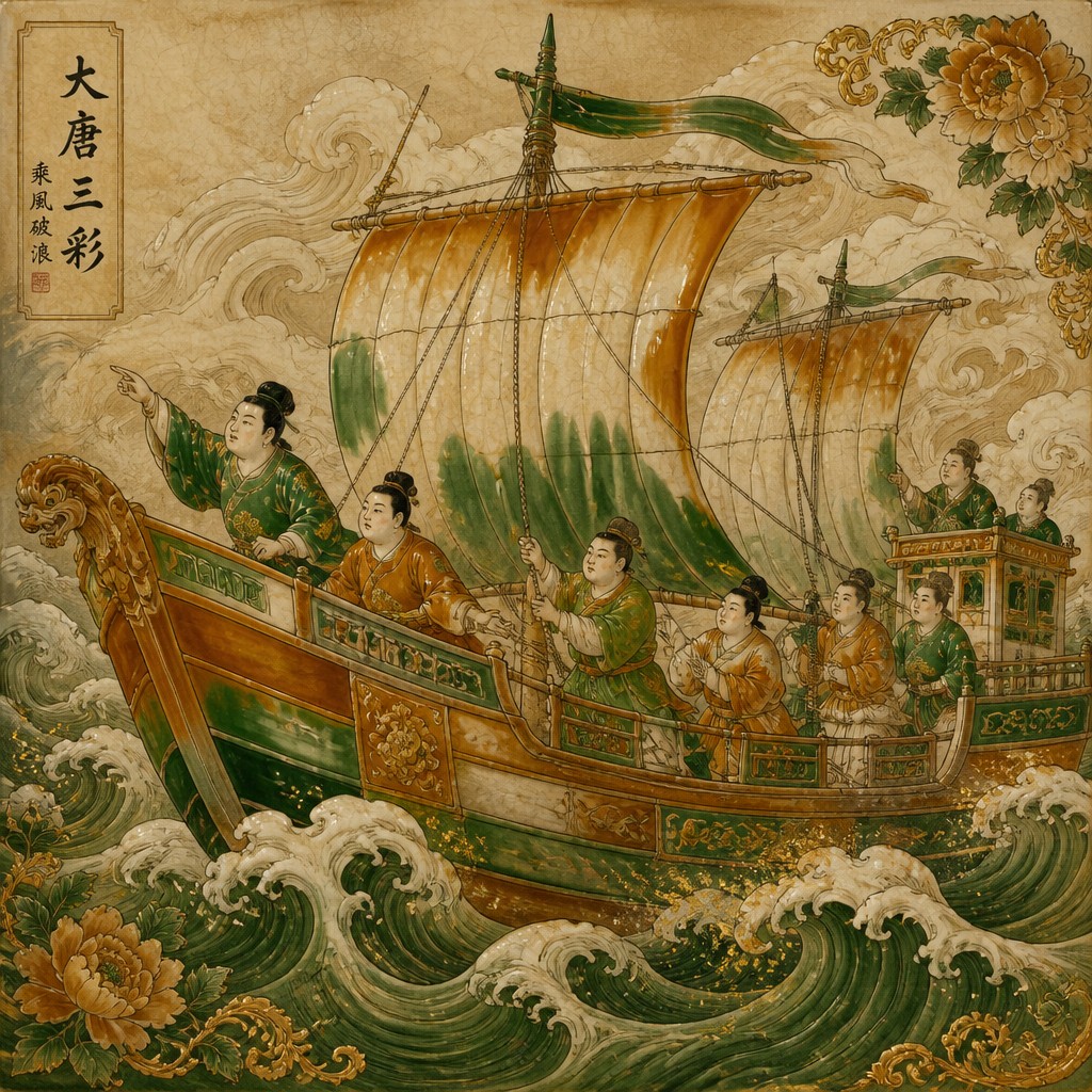 sailing ship on a stormy sea — Tang Dynasty Art Style