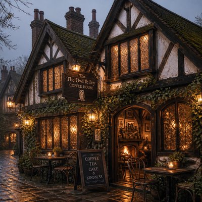 cozy cafe interior with warm lighting