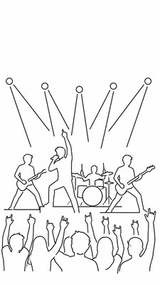 a live music scene with a glowing stage and silhouetted crowd, energetic vertical composition with open space at the top, no text