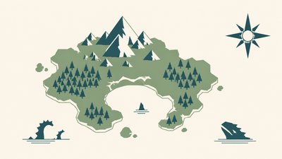 a map of an island realm with mountains, forests, a sheltered bay, sea monsters in the water and a compass rose, no text labels