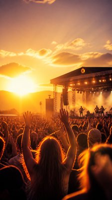 a live music scene with a glowing stage and silhouetted crowd, energetic vertical composition with open space at the top, no text