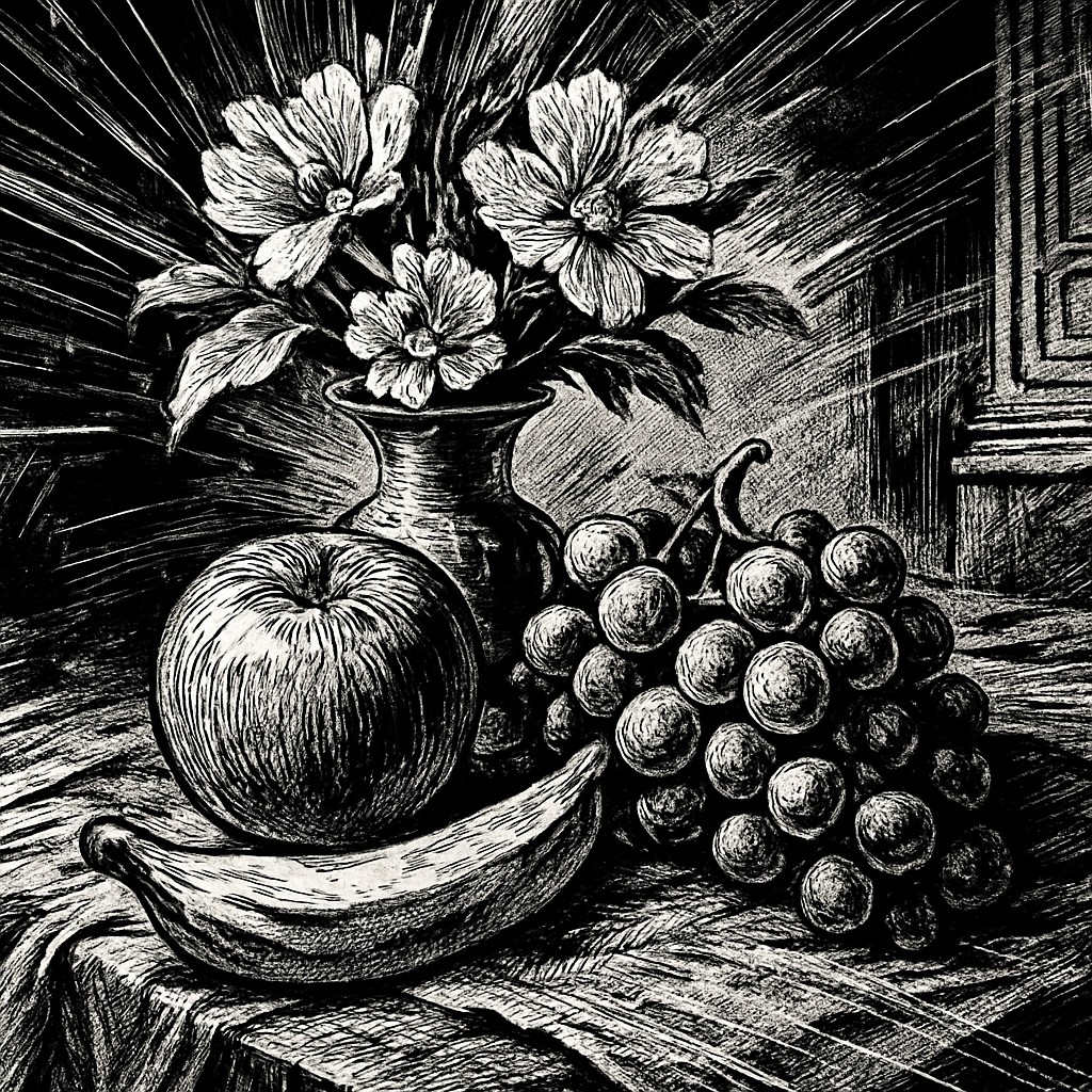still life arrangement of fruits and flowers