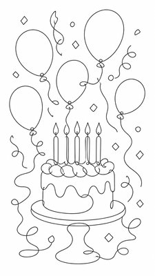 a birthday cake with lit candles surrounded by balloons and confetti, festive vertical composition, no text