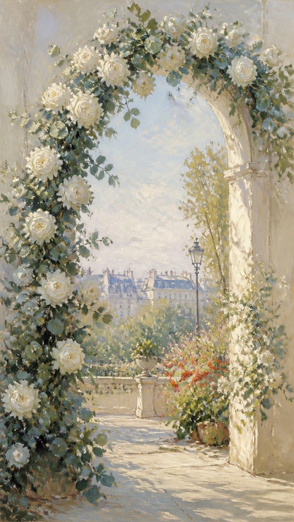 an arch of white roses and eucalyptus in soft morning light, elegant vertical composition with open space, no text