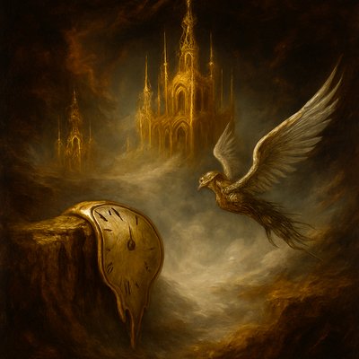 Create a surrealist artwork in high definition, blending gold and white tones. Depict ethereal, dreamlike landscapes with shimmering golden structures-like floating palaces or delicate filigree towers-emerging from a misty, white void. Add surreal elements, such as clocks melting over golden cliffs or white-winged creatures with metallic feathers, inspired by Dalí's style. Ensure vibrant contrast between the radiant gold and crisp, luminous white, with smooth textures and intricate details for a hyper-realistic yet fantastical effect.