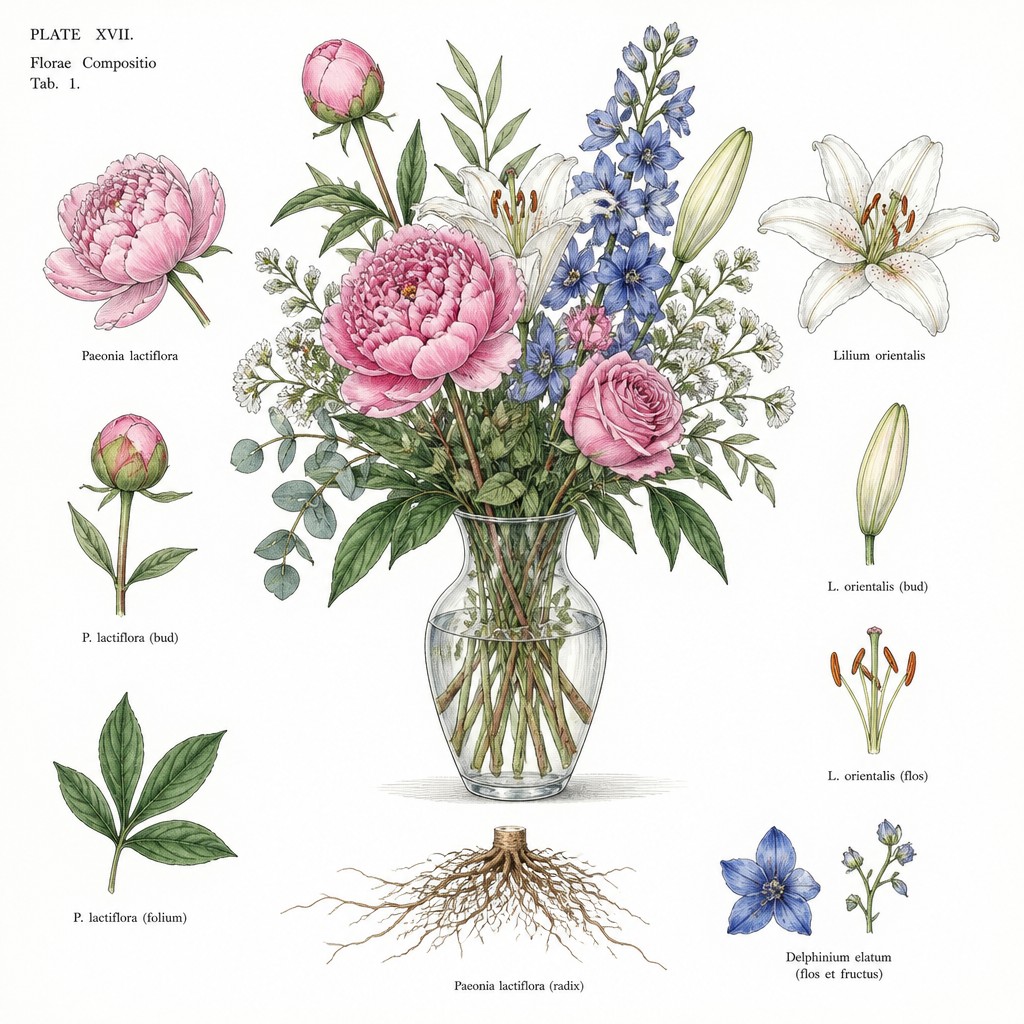 bouquet of flowers in a glass vase — Botanical Illustration Art Style