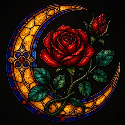 a rose entwined with a crescent moon, clean balanced composition on a plain background, no text