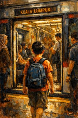 Morning scene. A 10 year old chinese boy enters a train car at the platform on the MRT in Kuala Lumpur.  We see him from the back.  Other passengers are inside the train car and also waiting on the platform.