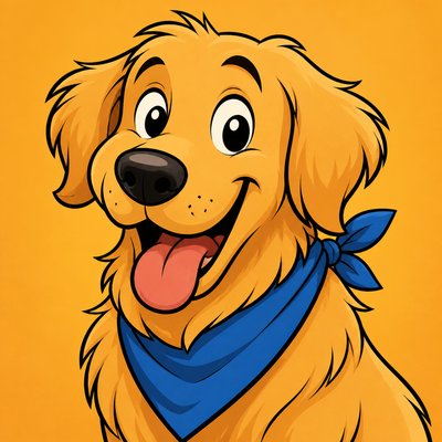 portrait of a golden retriever wearing a blue bandana, warm plain backdrop, no text
