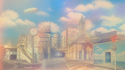 bustling city street panorama at dusk