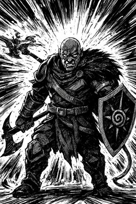 a black and white drawing of a man with a sword