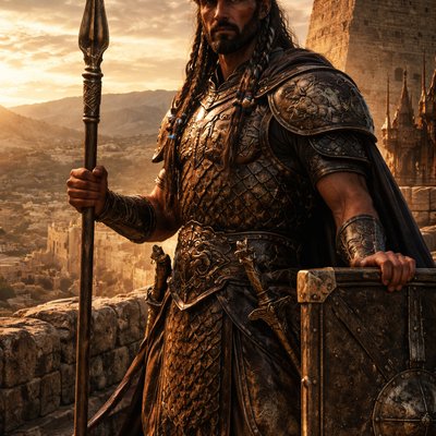 Style: Gritty, epic historical fantasy photograph with high textural detail. The aesthetic is a fusion of "Ancient Near Eastern Warrior" and the "High Elven" nobility established in previous prompts. Golden hour lighting.

The Subject: A single warrior standing guard on the fortified walls of David’s stronghold (Jerusalem or Ziklag). He is immense, standing over seven feet tall, possessing a lean, gladiatorial musculature rather than brute bulk.

Facial Features: He has the signature Gibeonite look: a long, ageless face with high, sculpted cheekbones and intense, calculating eyes that scan the horizon. His dark beard is neatly trimmed, and his long hair is intricately braided with bronze rings and threads of royal blue dyed wool.

The Armor (A Fusion of Cultures): His gear represents his unique status. He wears a heavy cuirass of overlapping bronze scales (Canaanite style) reinforced with iron plates (Israelite adoption). A stylized emblem of the Lion of Judah is subtly engraved onto a central shoulder plate, marking his allegiance to David.

The Weapons: He rests one hand on a massive tower shield made of reinforced cedar and hide. In the other, he holds a spear of immense scale, its shaft thicker than a normal man’s wrist, with a long, leaf-shaped bronze head. A curved khopesh sword is sheathed at his hip.

Atmosphere & Setting: The sun is setting behind the Judean hills, casting long shadows and catching the scars on his armor. His expression is one of silent, dangerous vigilance. In the background, other normal-sized Israelite soldiers are visible, emphasizing his towering presence.