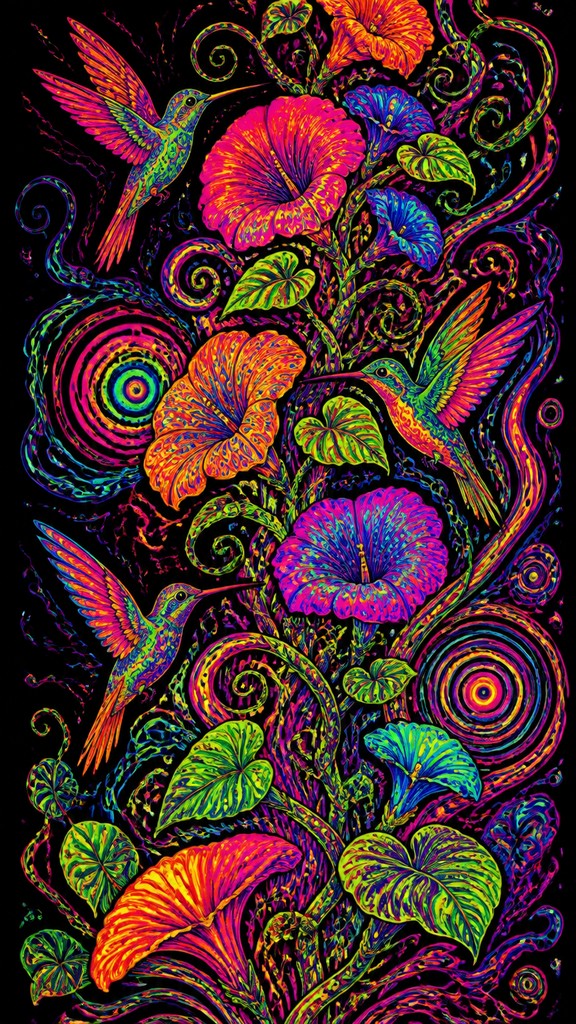 a climbing vine of flowers and hummingbirds on a dark background, tall wrapping composition, no text