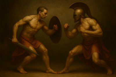 a painting of two men fighting each other