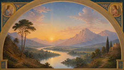 a vast valley with a river winding toward distant mountains at sunrise, no people, no text