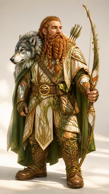 full-body original character: a dwarven ranger with a braided auburn beard, worn leather armor, a longbow and a wolf-pelt cloak, neutral background, no text