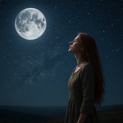 Photorealism Art Style, an incredibly majestic and emotionally profound scene inspired by Psalm 8:3-6. The vast, deep, and infinitely starry night sky fills the upper portion of the frame, showcasing a breathtaking, crystal-clear view of the moon and countless stars, rendered with stunning astronomical realism. The moon is a prominent, luminous presence, casting a gentle, ethereal glow across a distant, subtle landscape. In the lower portion of the frame, integrated seamlessly, stands a solitary long red-haired woman, dressed in simple, flowing attire. She is positioned on a subtle, earthy vantage point, her head tilted upwards, gazing into the expanse of the heavens with an expression of profound awe, contemplation, and humility. Her presence emphasizes the scale of the cosmos. The scene is illuminated by the soft, natural light of the moon and stars, creating subtle shadows and highlighting the woman's contemplative face. Focus on the stunning clarity and depth of the starry night sky, the serene yet powerful presence of the moon, and the deep emotional connection of the woman gazing at God's creation, conveying a sense of divine majesty and humanity's cherished place within it.
