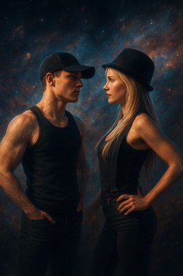 a man and a woman are standing in front of a space background