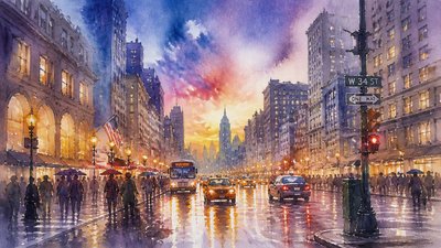 bustling city street panorama at dusk