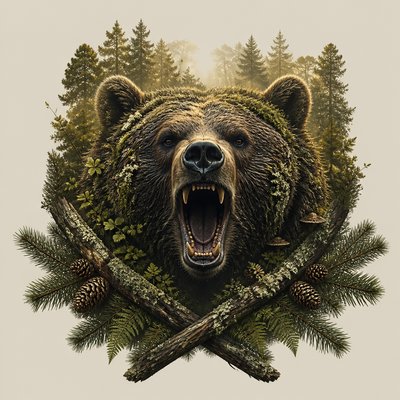 a roaring bear head above crossed pine branches, bold graphic composition on a plain background, no text