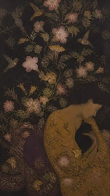 a climbing vine of flowers and hummingbirds on a dark background, tall wrapping composition, no text