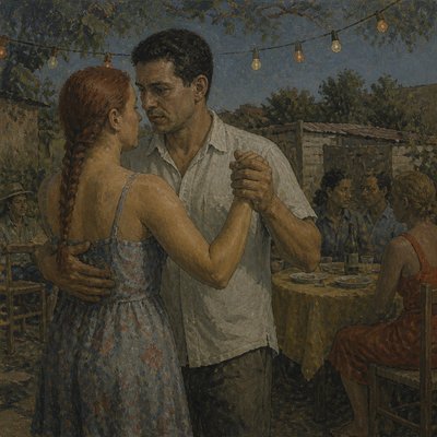 an original couple dancing under string lights in a garden at dusk: a man with short black hair in a linen shirt and a woman with braided red hair in a summer dress