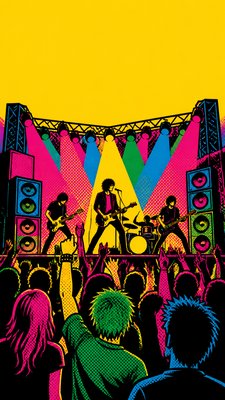 a live music scene with a glowing stage and silhouetted crowd, energetic vertical composition with open space at the top, no text