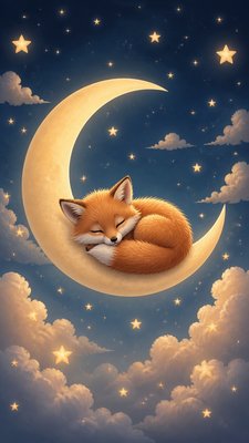 a sleeping baby fox curled on a crescent moon among soft stars, gentle and warm, no text