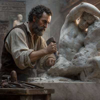 Michelangelo carving a slave sculpture
