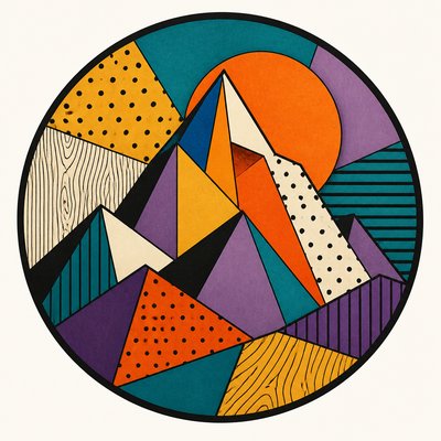 an emblem of a mountain peak inside a circle, simple bold shapes on a plain background, no text or lettering