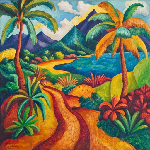 Tahitian landscape with simplified forms and vivid hues in the art style of Post-Impressionism --v 6.1