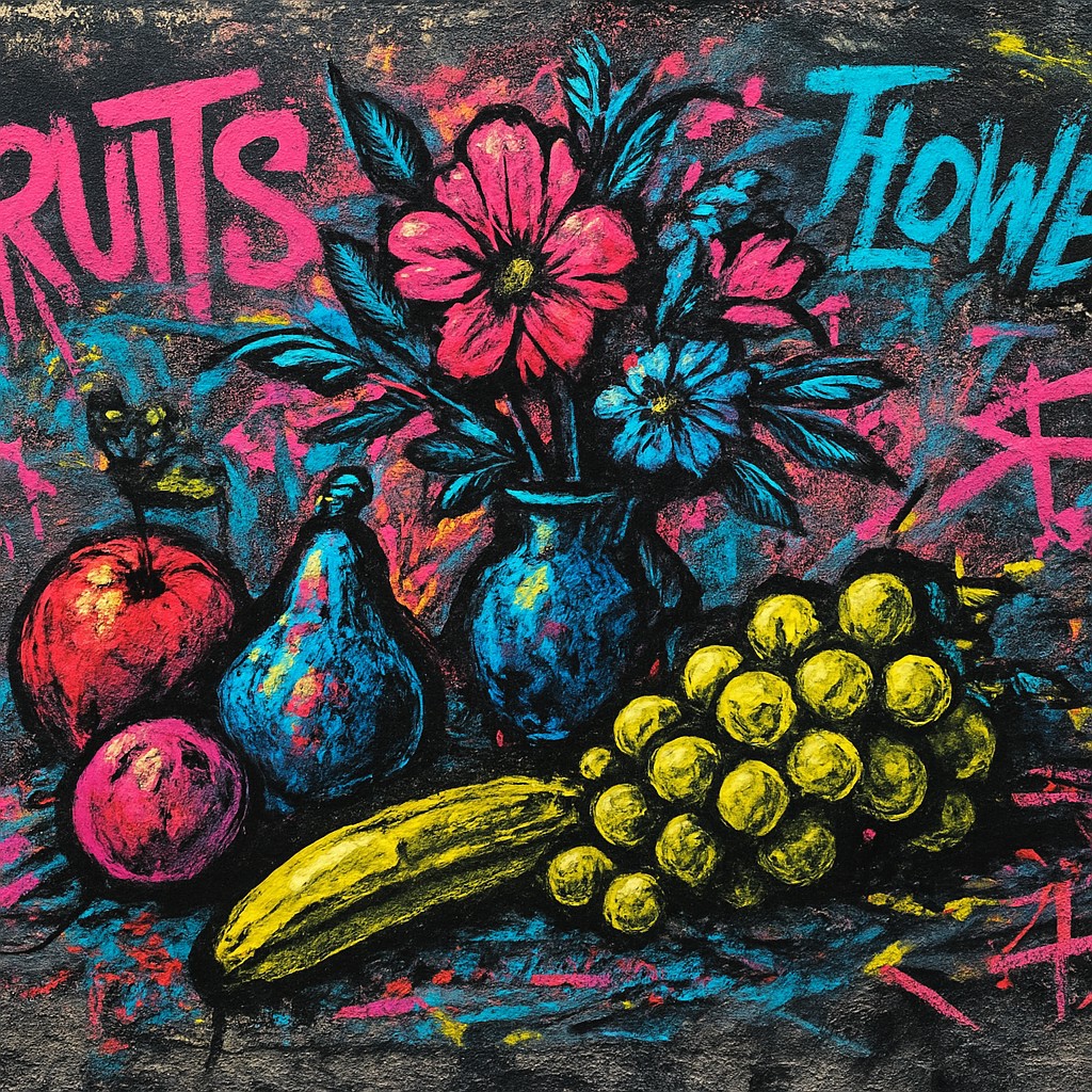 still life arrangement of fruits and flowers