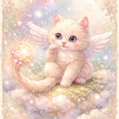 Whimsical Storybook Illustration Style, Soft Pastel Color Palette, Dreamy Atmosphere. A charming, heartwarming scene featuring a magical creature, rendered with gentle textures and colored pencil lines.

The Kitten: An impossibly fluffy, cream-colored kitten with enormous, round, sparkling blue eyes and tiny pink paws. It is sitting upright on a soft, mossy cloud, looking at its tail with a delighted, surprised expression.

The Wings: Sprouting from its back are two small, incredibly soft angel wings with white feathers that have a gentle, pearlescent sheen. They look slightly too big for its tiny body, giving it a clumsy sort of grace.

The Magic Tail (The Wand): The tail is long and expressive. Instead of a normal furry tip, the end of its tail is a swirling, glowing orb of concentrated magical energy—soft golds, rosy pinks, and powder blues. The kitten is swishing its tail forward just like a wizard waves a wand.