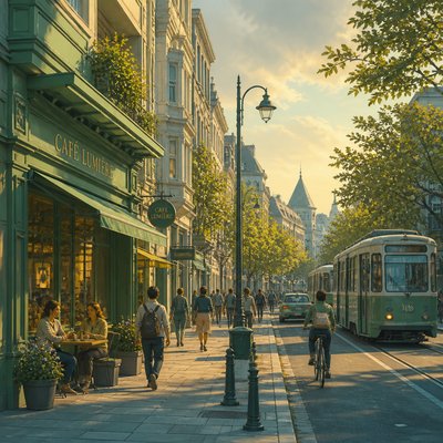 urban street with city activity — Color Harmony Art Style