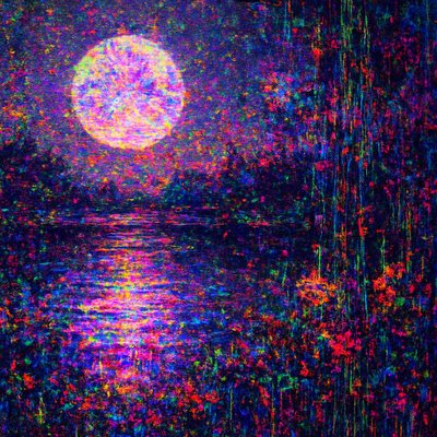 Start with a completely ordinary, even boring photograph of a full moon reflecting over a still lake.
Corrupt it until it no longer resembles its original subject at all, but still somehow feels like it’s haunted by what it used to be. Push the file through at least four different deliberate stages of destruction (e.g. heavy JPEG decay → databend in Audacity → pixel sorting by luminance → extreme RGB channel displacement and offset). Let compression artifacts bloom into impossible colors. Allow entire sections to liquefy and drip downward. Make the metadata scream. The final image should feel like a memory that’s been compressed, encrypted, lost, recovered, and compressed again for twenty years.