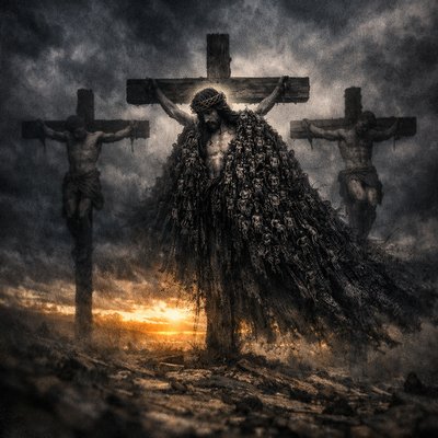 A visceral, raw, and highly texturally detailed conceptual artwork. In the center, three crude wooden crosses are silhouetted against a dark, stormy, indigo sky. The central figure, Christ, is "numbered" among two criminals, but his face is bathed in a faint, unseen celestial glow that the others lack. A massive, heavy, shadowy cloak, made of thousands of tiny, interwoven dark figures and faces (representing "the sin of many"), is visibly draped over his shoulders, weighing him down. Below the crosses, the stormy sky is breaking, revealing a sliver of intense golden dawn, hinting at the "portion with the great" yet to come. Symbolic, poignant, high contrast.“Therefore will I divide him a portion with the great, and he shall divide the spoil with the strong; because he hath poured out his soul unto death: and he was numbered with the transgressors; and he bare the sin of many, and made intercession for the transgressors.” (Isaiah 53:12, KJV)
