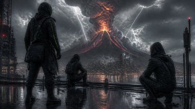 an erupting volcano with lightning strikes, dramatic wide composition, no text